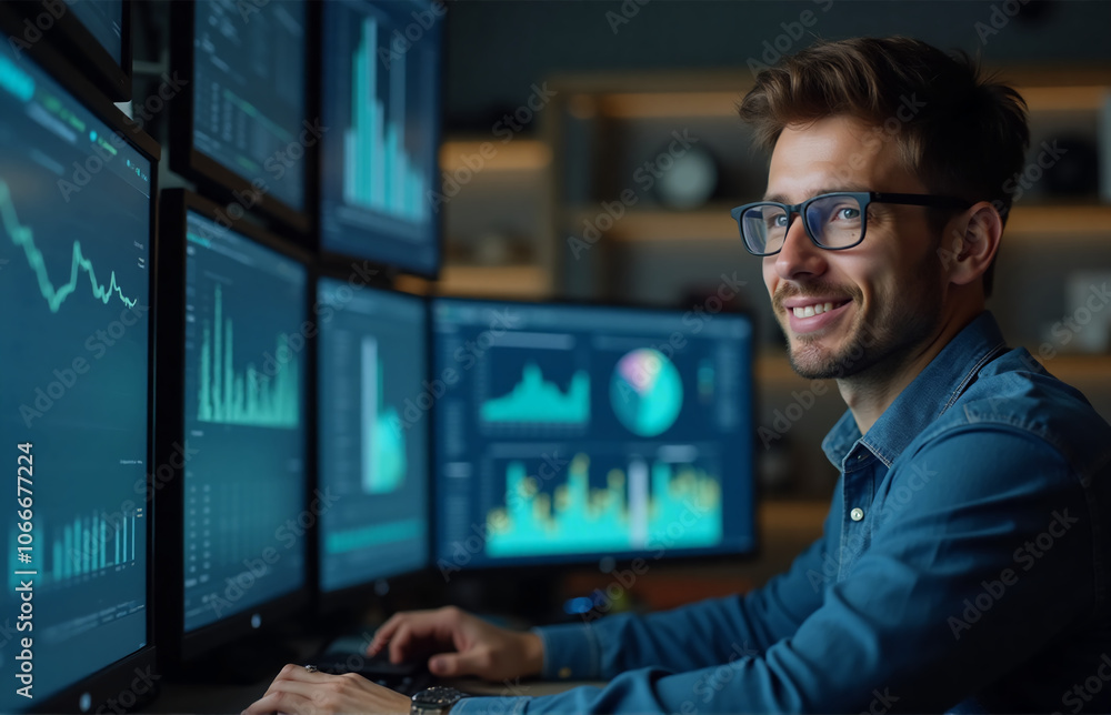 A young, confident IT engineer explaining graphic data displayed on multiple computer screens, each filled with complex charts and visual data A young, confident IT engineer explaining graphic data displayed on multiple computer screens, each filled with complex charts and visual data