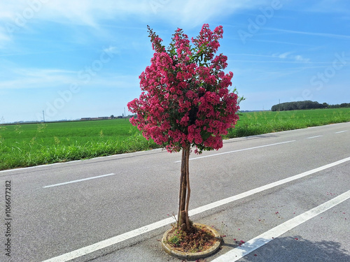 Lagerstroemia indica trees with red flowers grow in a row in the middle of the road. photo