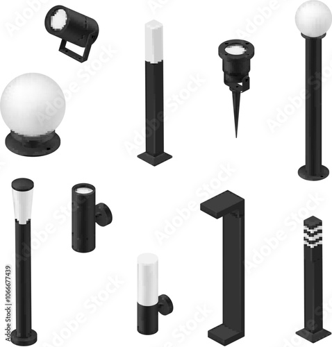 Garden lighting equipment set showcasing various designs and functions for enhancing outdoor spaces in nighttime environments