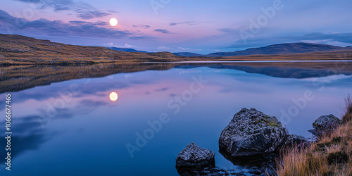 A tranquil lake reflecting a full moon, creating a serene atmosphere that captures the essence of magical moments photo