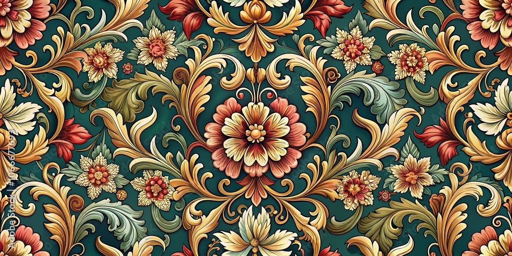 A Rich Tapestry of Intertwined Floral and Ornamental Motifs on a Deep Teal Background A Rich Tapestry of Intertwined Floral and Ornamental Motifs on a Deep Teal Background