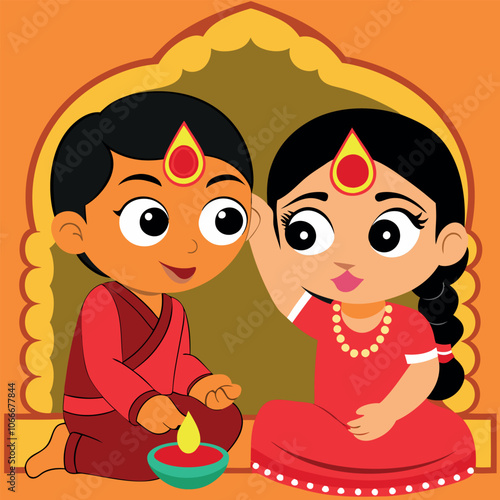 a vector art illustration celebrating Bhai Dooj, showing a sister and brother in traditional attire seated on the floor