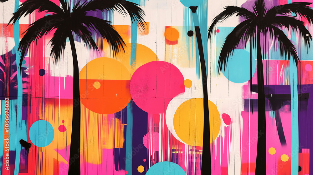 Obraz premium Nostalgic and Colorful 80s Miami Beach Graffiti Background with Palms and geometric shapes.