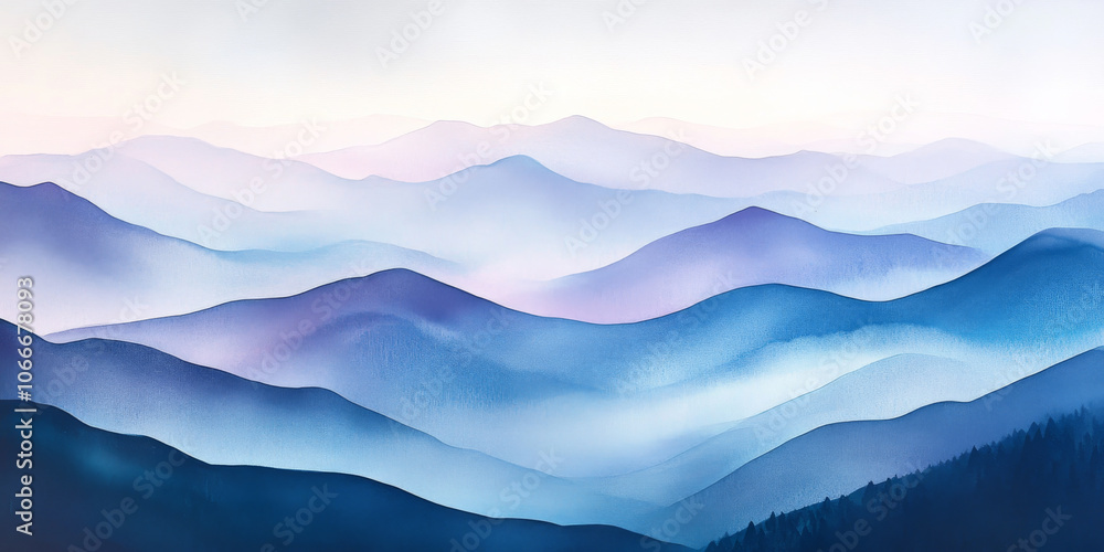 Hand painted watercolor of a mountain range in soft blues and purples, fading into the horizon Hand painted watercolor of a mountain range in soft blues and purples, fading into the horizon