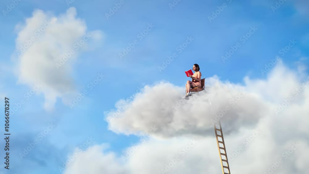 Young girl is sitting on cloud on the chair and reading a book. Woman reading a book and flying on could on the blue sky background. Dreamy could concept. Young girl is sitting on cloud on the chair and reading a book. Woman reading a book and flying on could on the blue sky background. Dreamy could concept.
