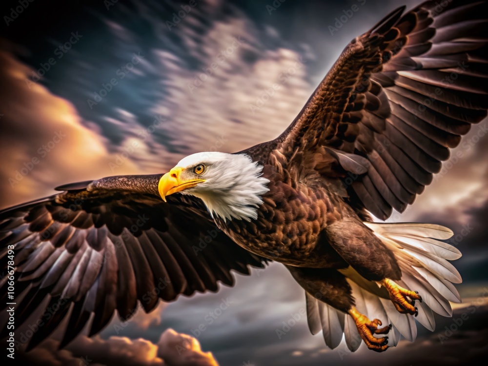 Fototapeta premium Majestic Bald Eagle Flying Isolated on White Background - Captivating Wildlife Photography, Bird in Flight, Freedom, Nature, Wildlife Conservation, American Symbol, Natural Beauty, Avian Majesty