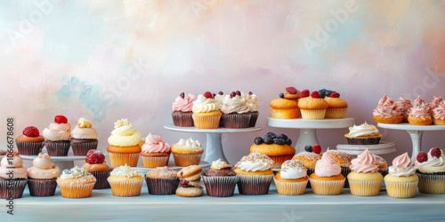 Wallpaper Mural An inviting dessert display featuring an assortment of cupcakes, cookies, and pastries, with a soft pastel backdrop Torontodigital.ca