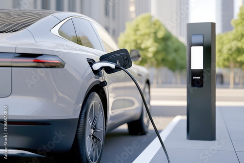 Close-up view of an electric vehicle plugged into a charging station, symbolizing clean energy and sustainable transportation.