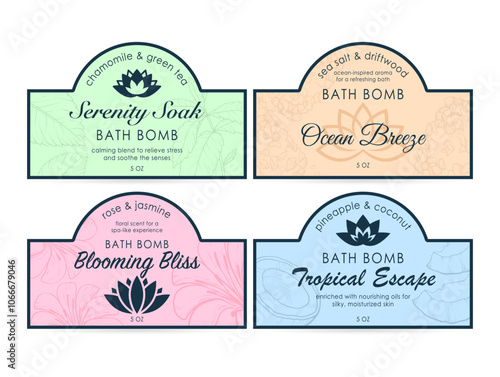 Bath bomb labels featuring chamomile, sea salt, rose, and pineapple, designed for relaxation and self-care moments