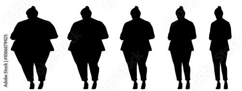 Conceptual fat overweight obese female vs slim fit healthy body after weight loss or diet on white background banner. A  fitness, nutrition or obesity, health shape illustration vector as silhouettes