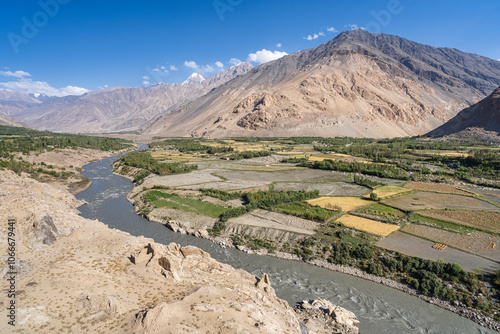 Mountain landscape view of Wakhan Corridor, Panj river valley and Hindu Kush range from Kahkaha fortress, Ishkashim, Gorno-Badakhshan, Tajikistan