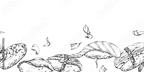 Traditional Japanese food, nigiri sushi with raw fish tuna salmon unagi shrimp, tamagoyaki tako octopus, hand drawn in vector pen, ink. Seamless banner for cafe menu, restaurant, kitchen, recipe book