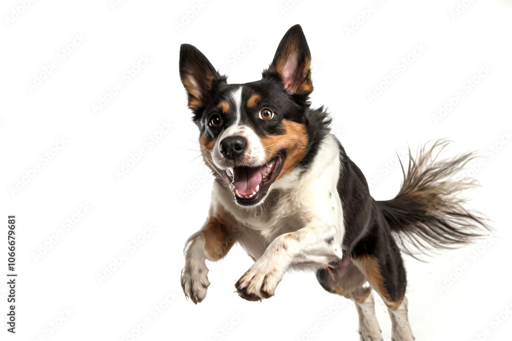 A dog cheerfully jumping on a white background. Studio photo of a pet A dog cheerfully jumping on a white background. Studio photo of a pet