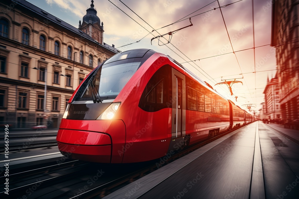 Red commuter train departing from a city station at sunset in a vibrant urban landscape Red commuter train departing from a city station at sunset in a vibrant urban landscape