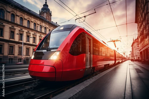 Red commuter train departing from a city station at sunset in a vibrant urban landscape photo