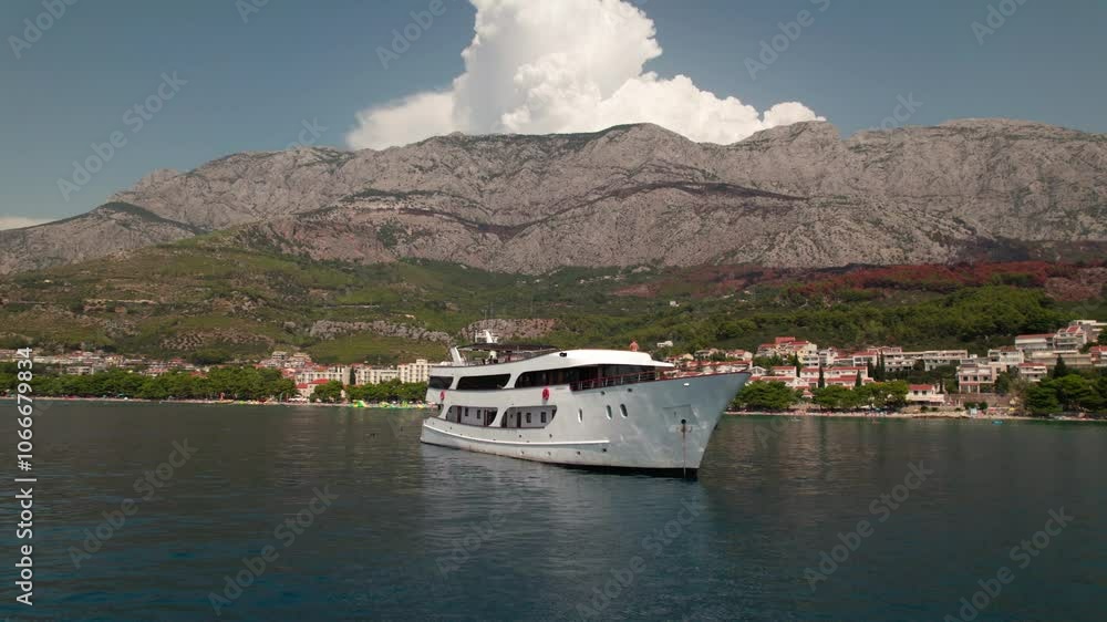 Luxury Cruise Ship In Adriatic Sea Exploring Croatian Islands. - aerial shot Luxury Cruise Ship In Adriatic Sea Exploring Croatian Islands. - aerial shot