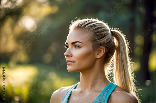 Blonde girl with a ponytail doing fitness in the park