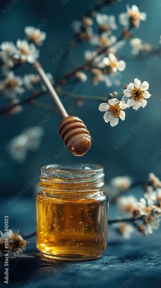 Golden Honey Dripping From Dipper with Blooming Flowers Golden Honey Dripping From Dipper with Blooming Flowers