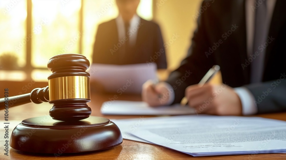 Judge's gavel on desk during legal proceedings with lawyers signing documents Judge's gavel on desk during legal proceedings with lawyers signing documents