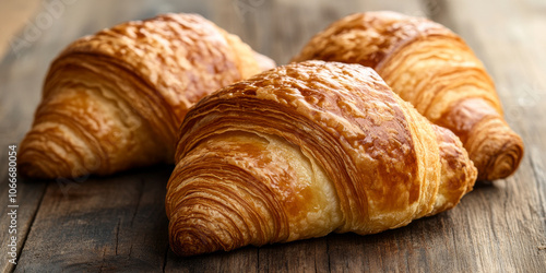 A close-up of golden-brown freshly baked croissants on a wooden table, evoking the aroma of a French bakery