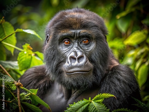 Majestic Mountain Gorilla Portrait - Nature's Gentle Giant in Lush Habitat, Close-Up with Intricate Facial Features, Captivating Eyes, and Natural Environment, Wildlife Photography