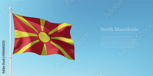 Waving Flag of North Macedonia Against Clear Blue Sky Copyspace