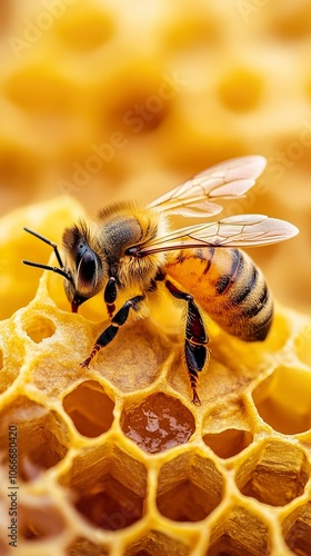 Close-up of a Bee on a Honeycomb - Nature Photography