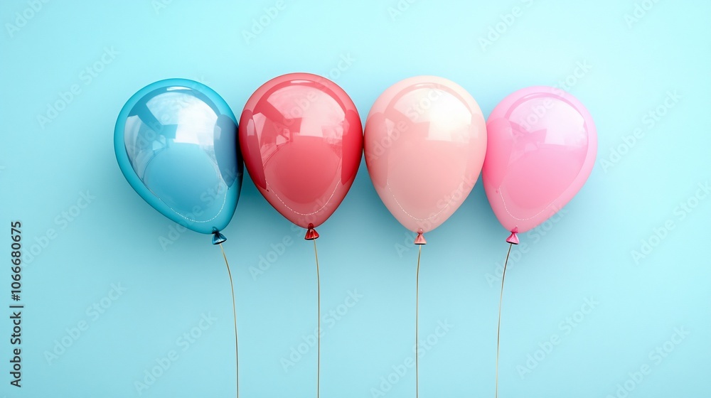 Four colorful balloons lined up in a row against a light blue background. The balloons are blue, red, pink and light pink. Four colorful balloons lined up in a row against a light blue background. The balloons are blue, red, pink and light pink.