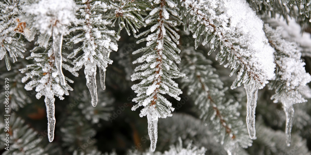 A close-up of a Christmas tree's branches, adorned with snowflakes and icicles, creating a serene wintery effect A close-up of a Christmas tree's branches, adorned with snowflakes and icicles, creating a serene wintery effect