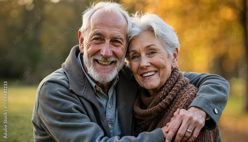 An older couple, both smiling, hug each other. The man has a white beard and grey hair. The woman has white hair. An older couple, both smiling, hug each other. The man has a white beard and grey hair. The woman has white hair.