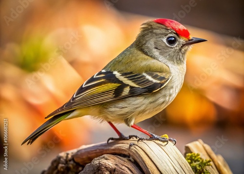 Ruby-crowned kinglet perched, close-up on a tree trunk.  Nature's tiny jewel. photo