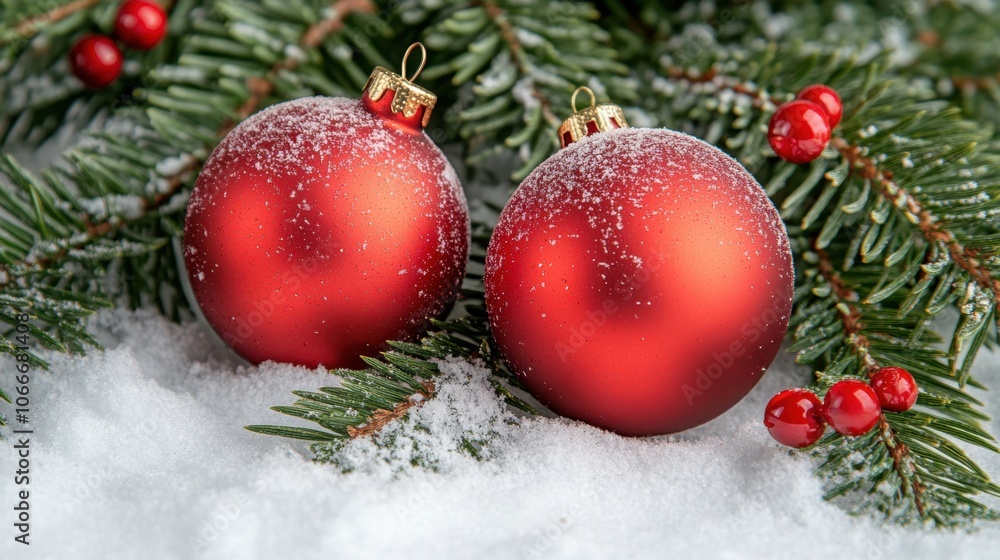 Fototapeta premium Red Christmas Ornaments on Snowy Pine Branches