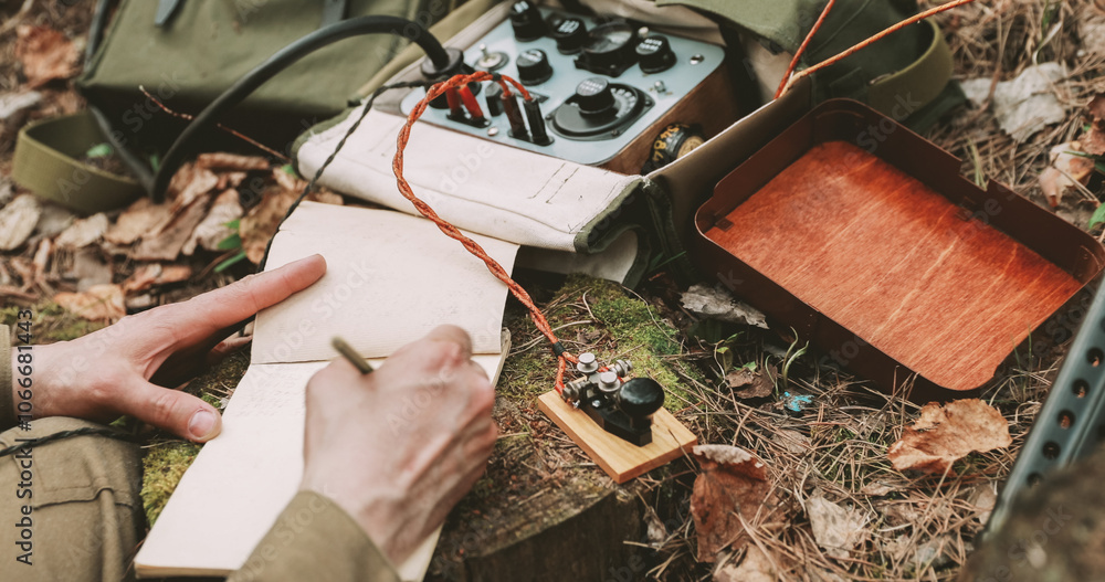 Russian Soviet Infantry Red Army Soldier In World War II using Russian Soviet Portable Radio Transceiver In Trench Entrenchment In Spring Autumn Forest. . Headphones And Telegraph Key. Close Up Hands