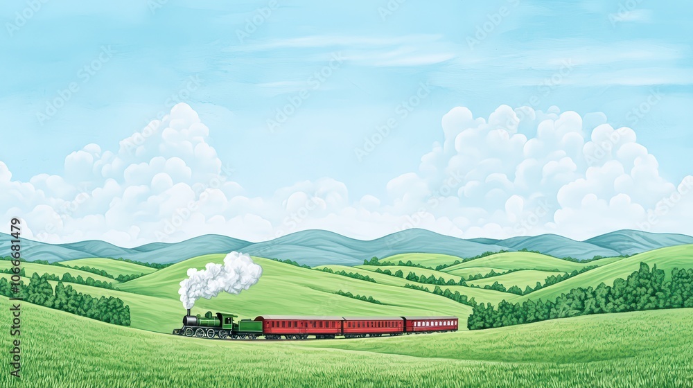 Fototapeta premium Vintage steam train traveling through lush green hills under a blue sky with fluffy clouds.
