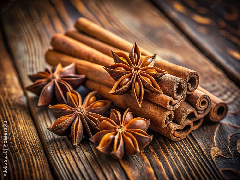 Rustic wood cradles star anise and cinnamon's aromatic embrace. Rustic wood cradles star anise and cinnamon's aromatic embrace.