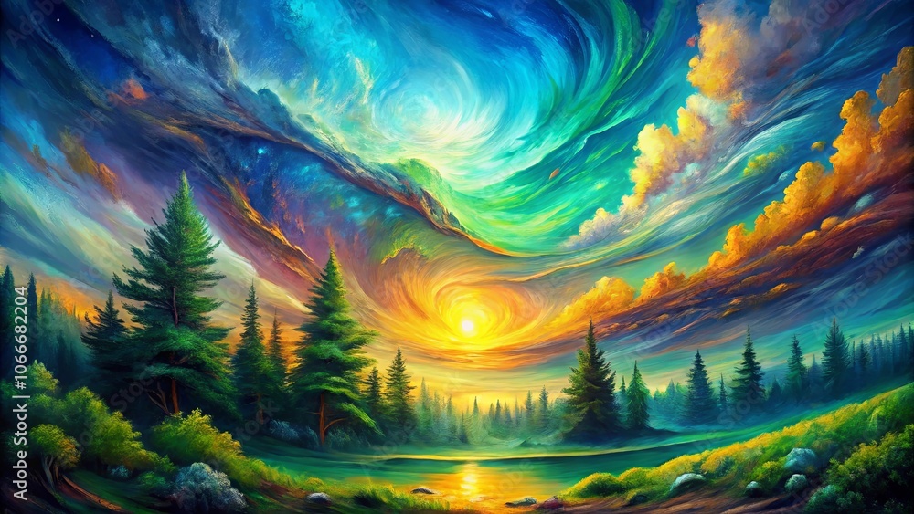 Whimsical Sunset Over a Tranquil Forest with a Swirling Sky, Reflecting Warm Light on a Calm Lake Whimsical Sunset Over a Tranquil Forest with a Swirling Sky, Reflecting Warm Light on a Calm Lake