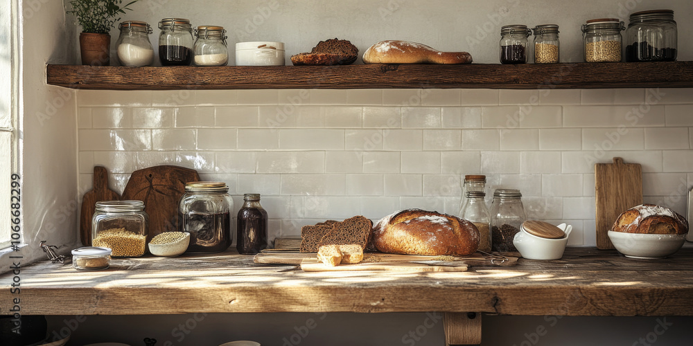 A rustic wooden countertop adorned with freshly baked bread, grains, and a jar of homemade jam, creating a homely feel A rustic wooden countertop adorned with freshly baked bread, grains, and a jar of homemade jam, creating a homely feel