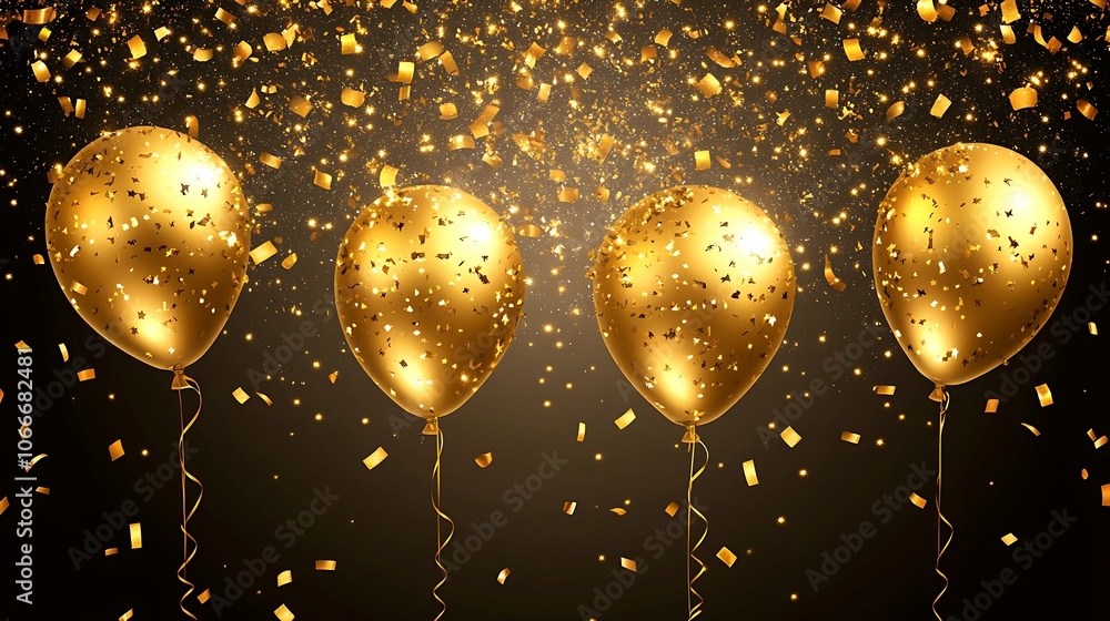 Obraz premium Three Golden Balloons with Confetti on a Black Background