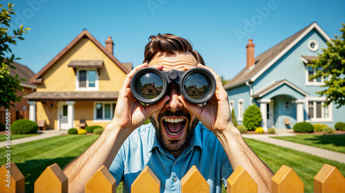 Curious Neighbor Peering Through Binoculars Over a Fence in Suburban Area.