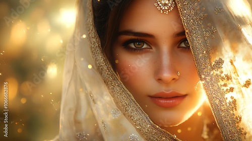 A regal close-up of a woman in a royal lehenga, with her face partially covered by an elegant dupatta, illuminated by warm sunlight. Background blurred with subtle palace elements, photorealistic,