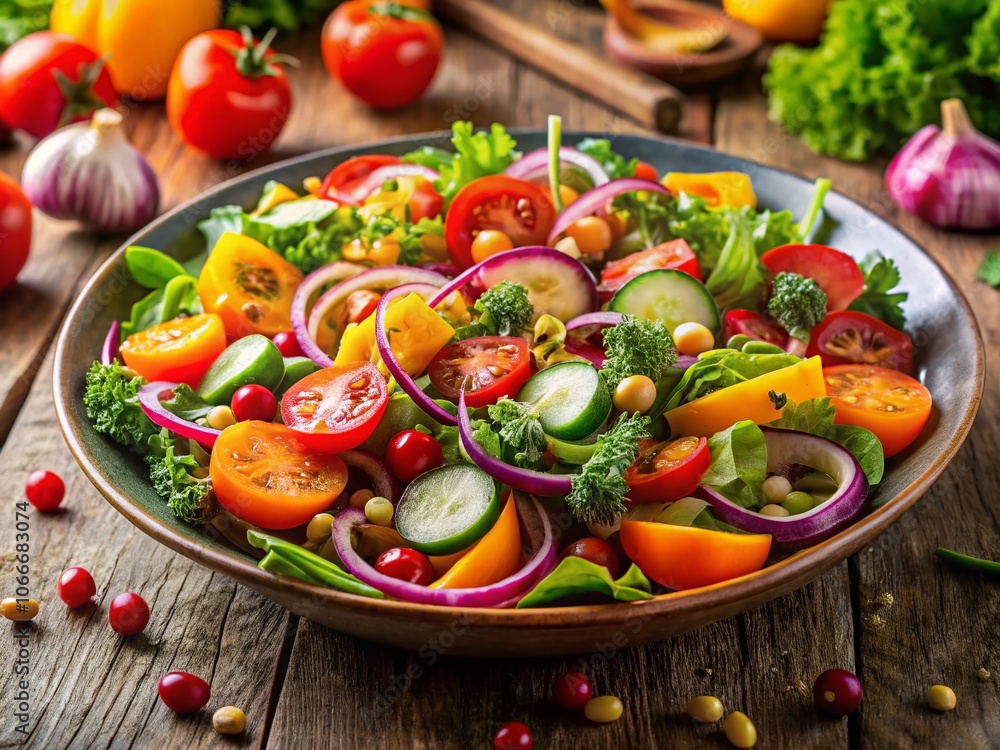 Savor a vibrant vegetable salad packed with nutrient-dense ingredients, promoting a healthy lifestyle and flavorful Savor a vibrant vegetable salad packed with nutrient-dense ingredients, promoting a healthy lifestyle and flavorful