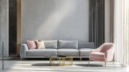 Modern Living Room with Grey Sofa, Pink Armchair, and Gold Accents