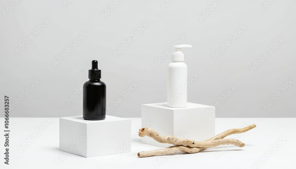 Showcase Minimalist Still Life with Black and White Skincare Bottles on White Pedestals Showcase Minimalist Still Life with Black and White Skincare Bottles on White Pedestals