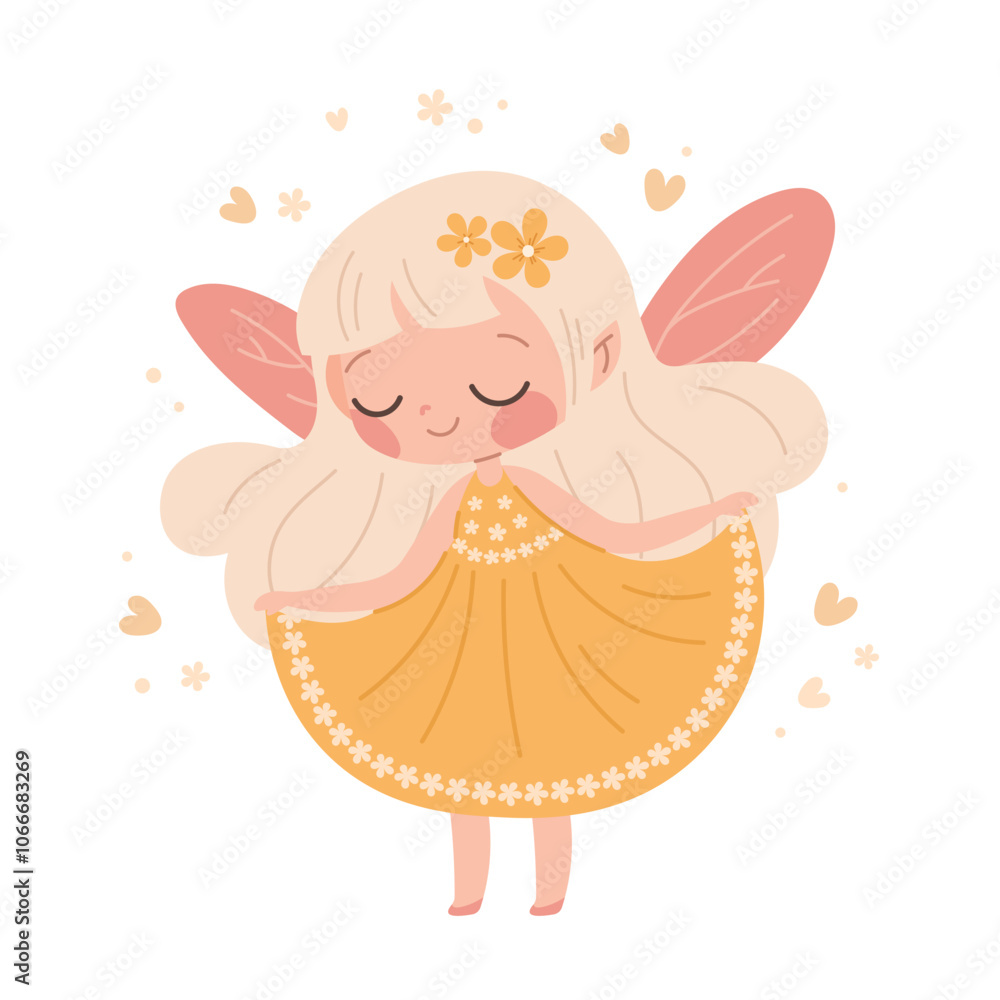 Cute flower fairy on white background. Drawing princess with wings, yellow dress and flowers. Vector kids character Cute flower fairy on white background. Drawing princess with wings, yellow dress and flowers. Vector kids character