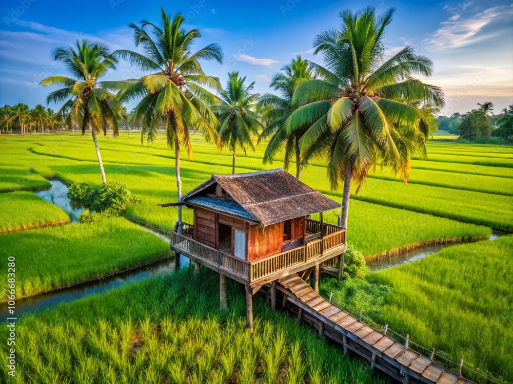 Rustic stilt house, rice paddies, coconut palms, a peaceful countryside scene. Rustic stilt house, rice paddies, coconut palms, a peaceful countryside scene.