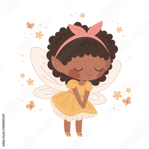 Cute black fairy girl with yellow dress and flowers. Black girl princess on white background. Vector character for children