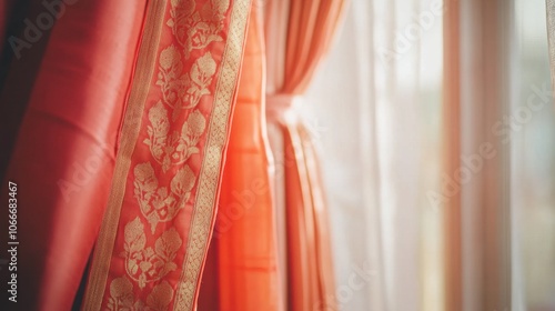 A close-up of a bright coral Banarasi sari, featuring intricate zari work, draped stylishly on a wooden stand against a soft beige backdrop photo