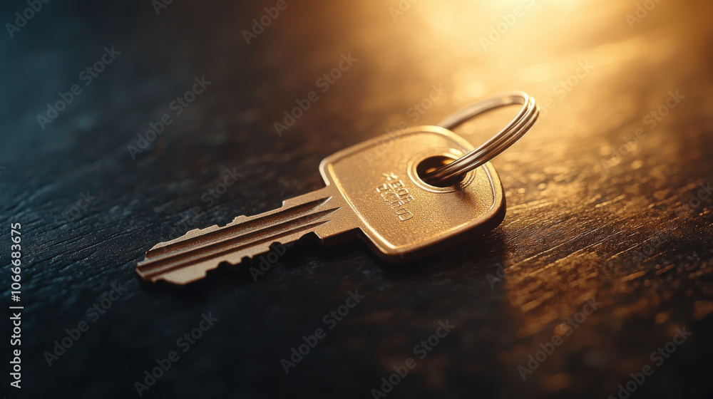 close up macro photograph of minimalist key resting on dark surface, illuminated by warm light, creating striking contrast. key details are clearly visible, emphasizing its design close up macro photograph of minimalist key resting on dark surface, illuminated by warm light, creating striking contrast. key details are clearly visible, emphasizing its design