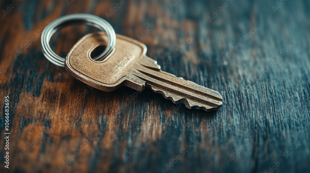 close up photograph of single metal key on wooden surface, showcasing its texture and details. key is attached to metal ring, emphasizing its minimalist design close up photograph of single metal key on wooden surface, showcasing its texture and details. key is attached to metal ring, emphasizing its minimalist design
