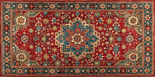 Intricate Tapestry of Floral Motifs and Geometric Patterns in Vibrant Hues of Red, Blue, and Gold